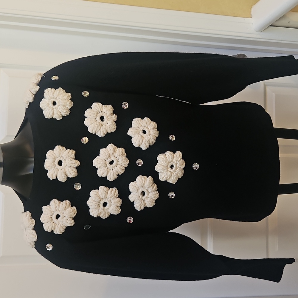 ANNE KLEIN Black Sweater with Cream 3D Flowers and Rhinestone Embellishments